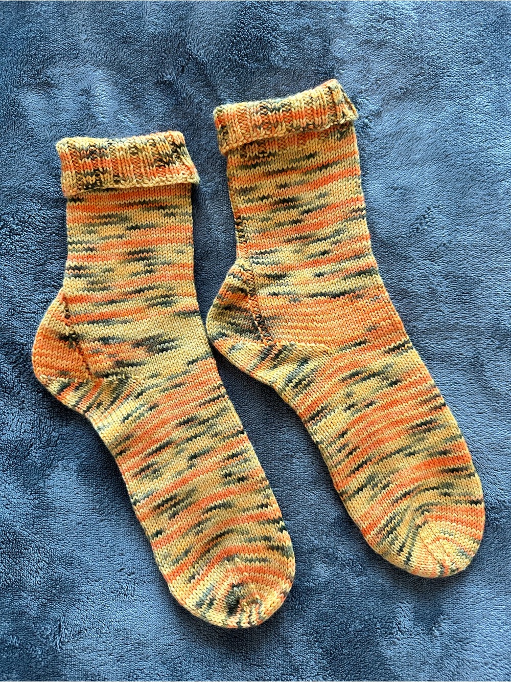 Hand Knit Wool Blend Socks Orange Olive Unisex Handmade Crew Socks